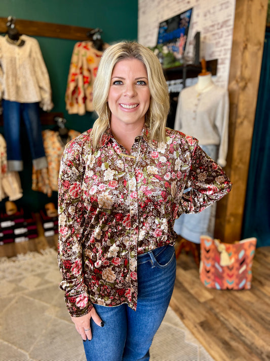 Chocolate Button Down Velvet Floral Top