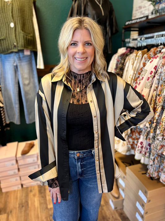 Taupe & Black Satin Button Up