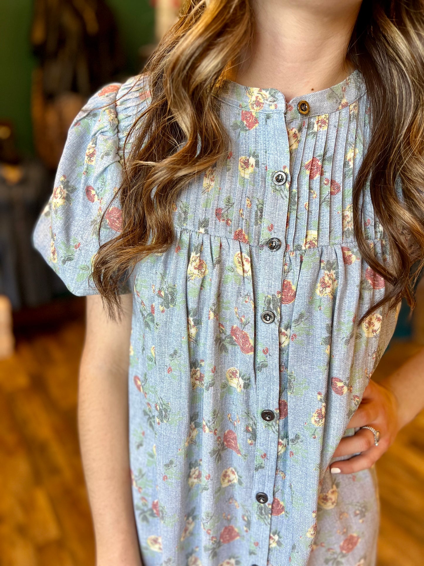 Washed Denim Floral Print Dress