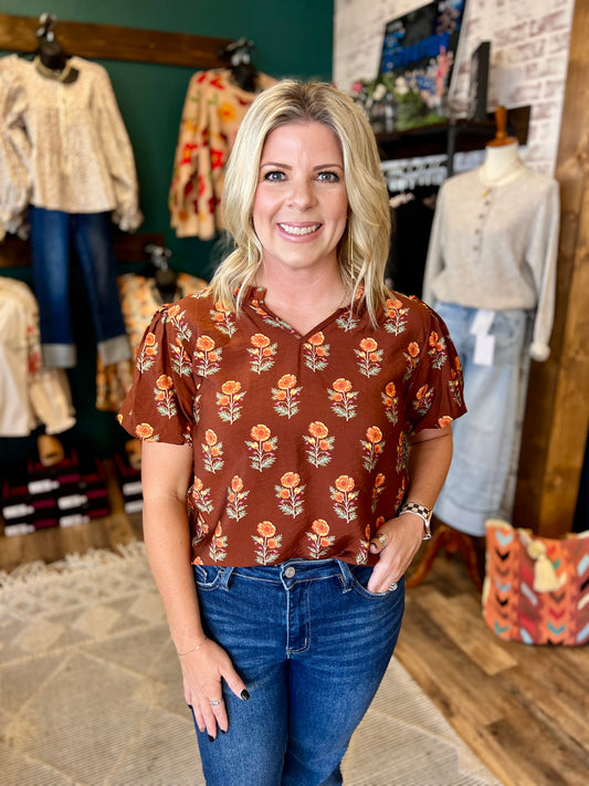 Rust Floral Bubble Sleeve Top