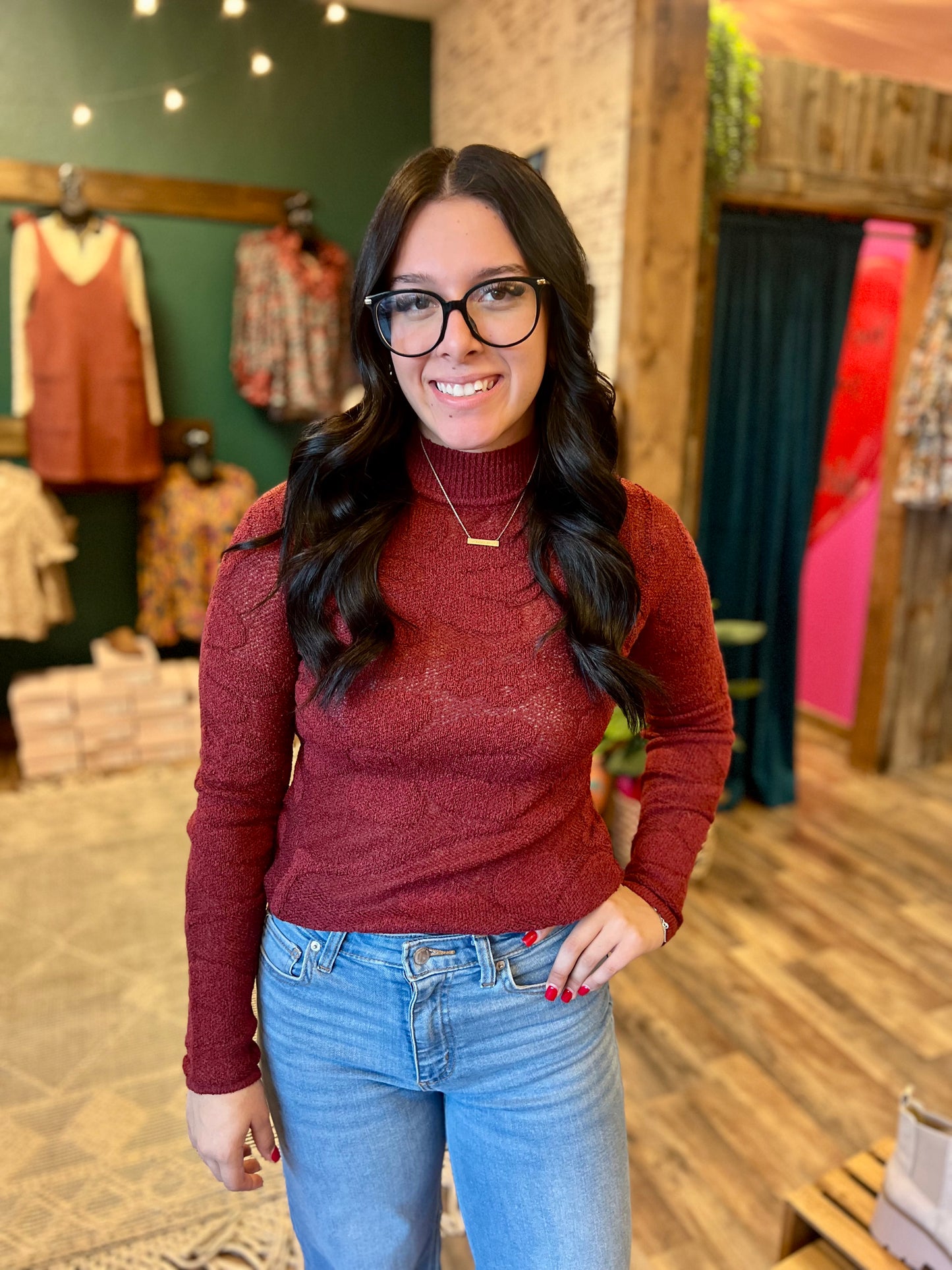 Floral Textured Mock Neck Sweater