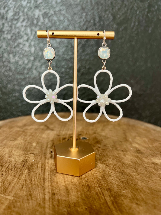 White Raffia Wrapped Flower Earring