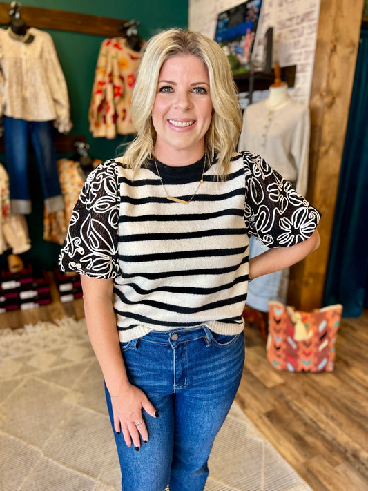Black & White Stripe Floral Bubble Top
