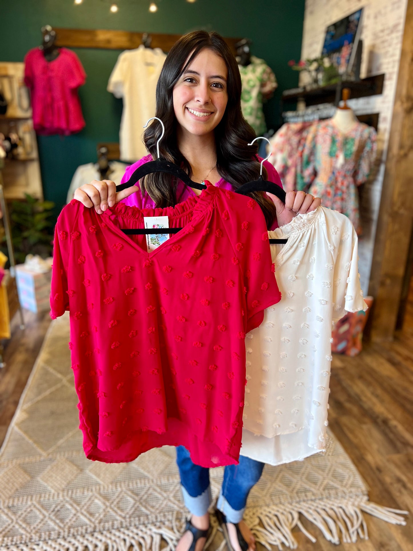 Ruffled VNeck Swiss Dot Top