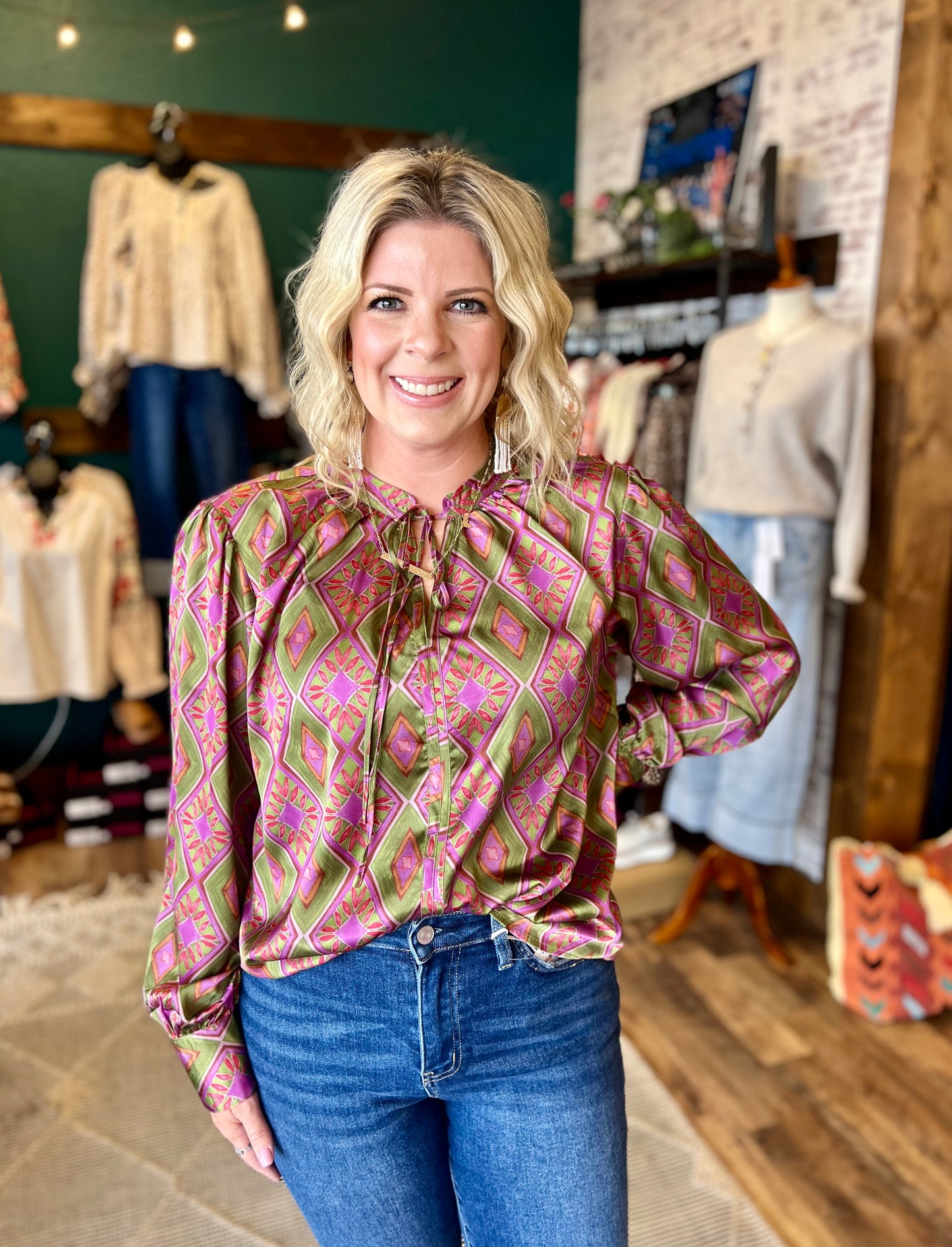 Olive Satin Diamond Print Top