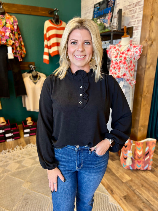 Long Sleeve Ruffled Button Up Top