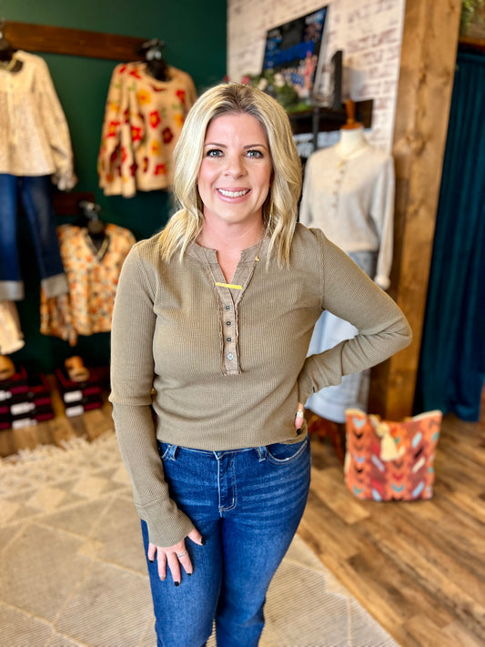 Waffle Knit Button Up Top