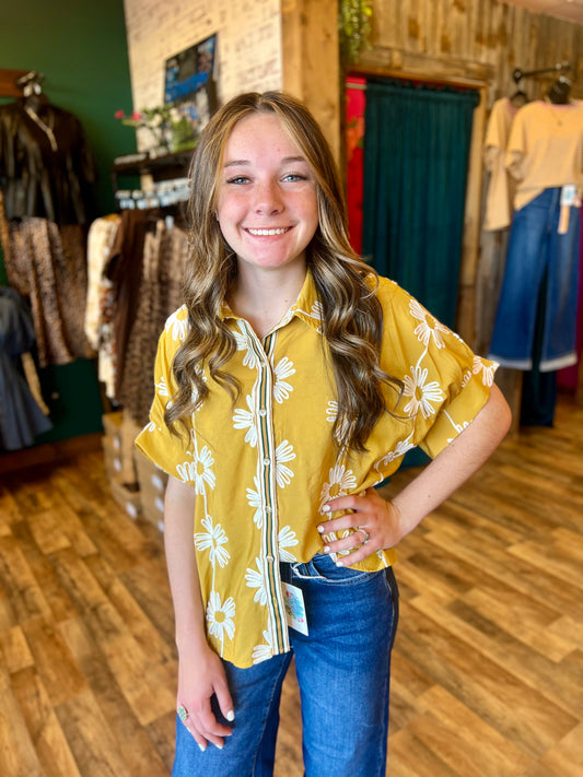 Mustard Embroidered Button Up