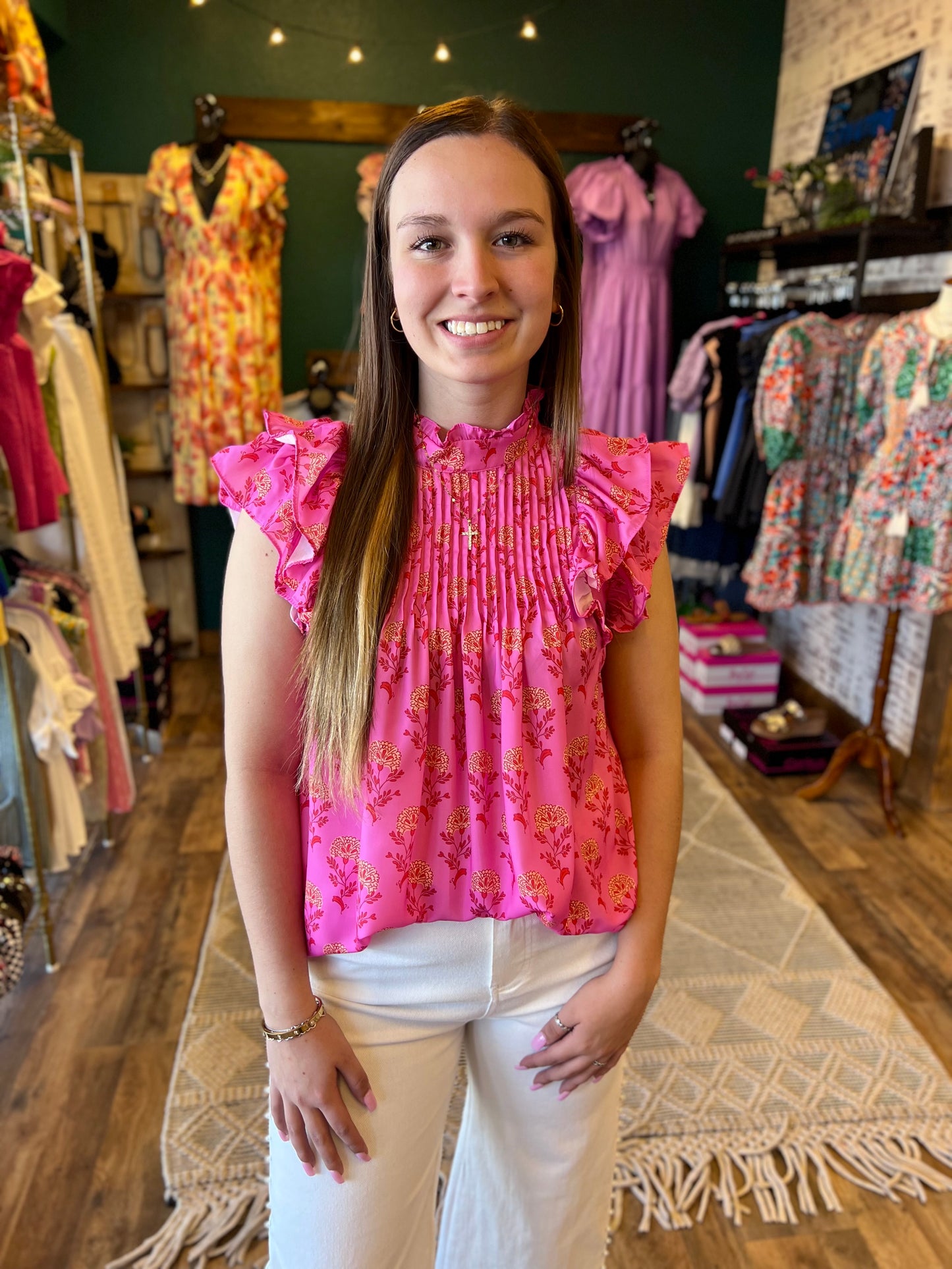 Pink Floral Gathered Ruffle Top