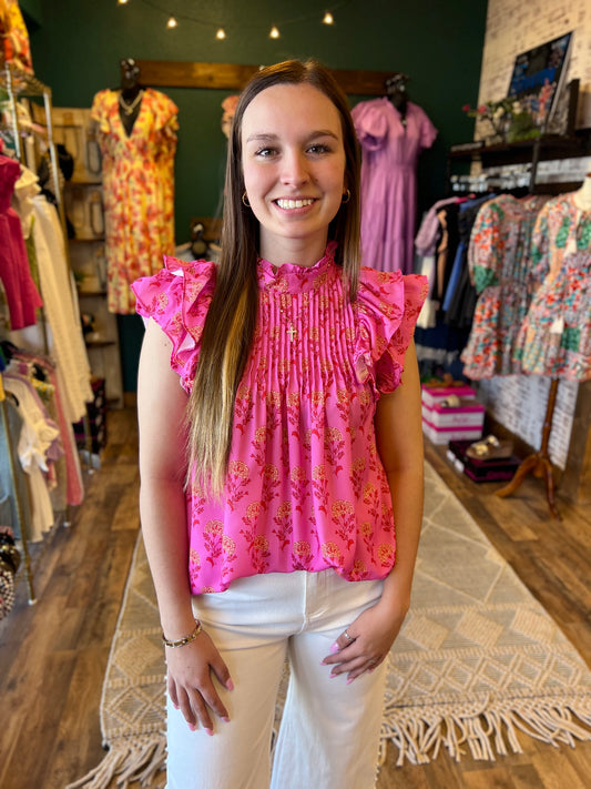Pink Floral Gathered Ruffle Top