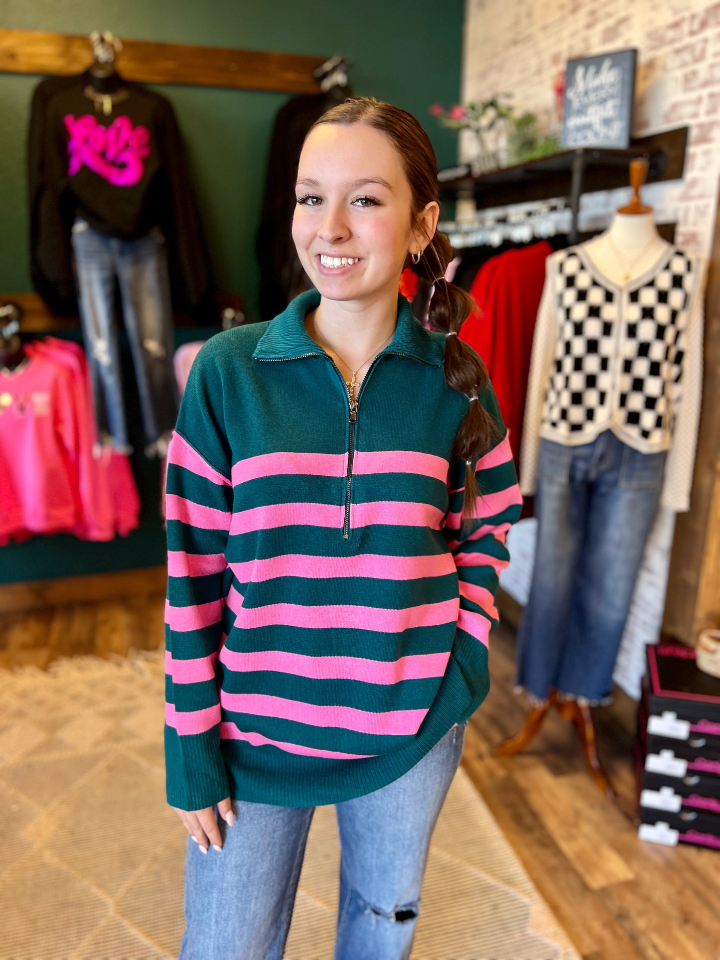 Pink Stripe Zip Up Sweater