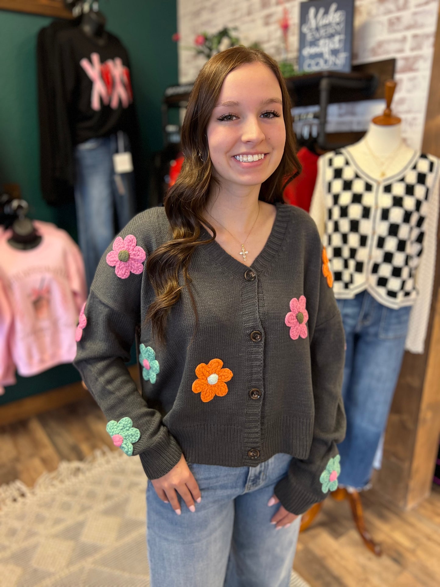 Charcoal Floral Button Up Sweater