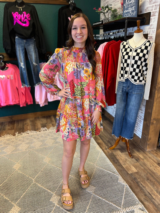 Pink Mock Neck Tiered Floral Dress