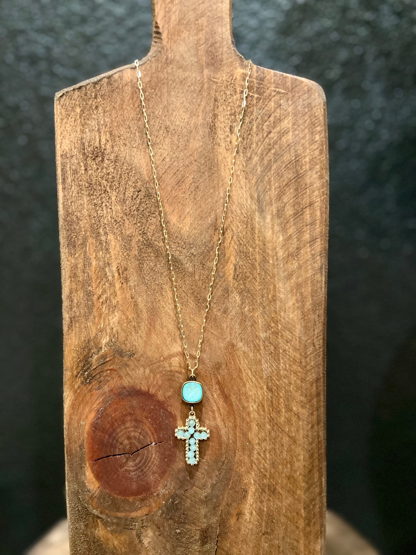 Aqua Beaded Cross Necklace