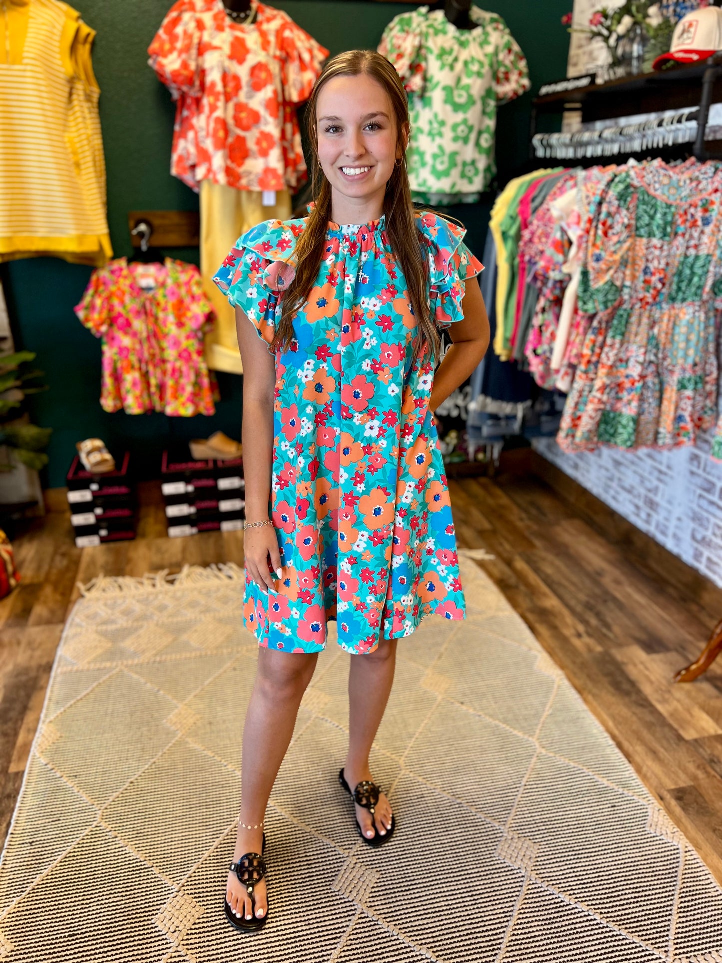 Aqua Floral Dress w/ Pockets