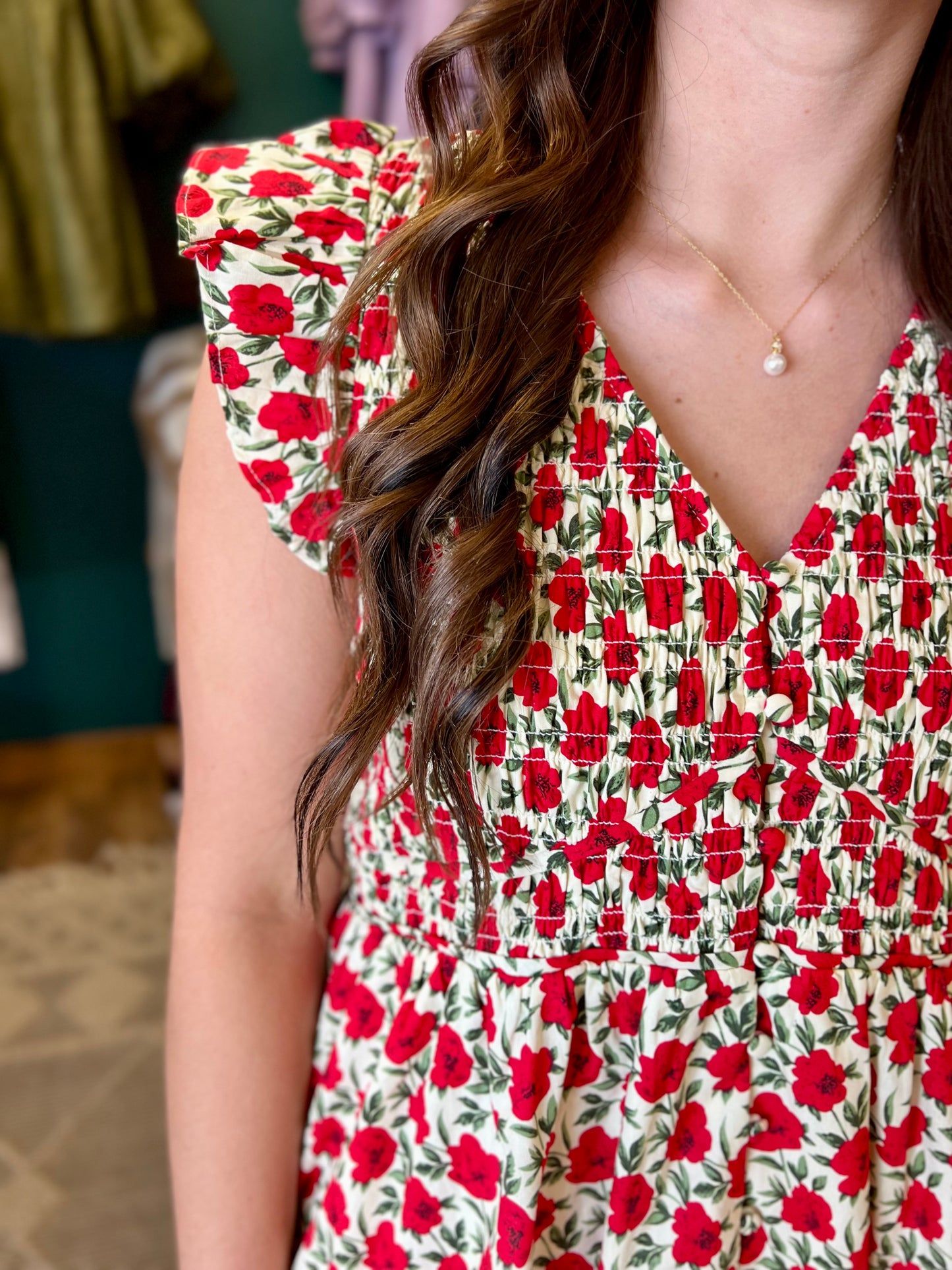 Red Floral Ruched Button Up Dress