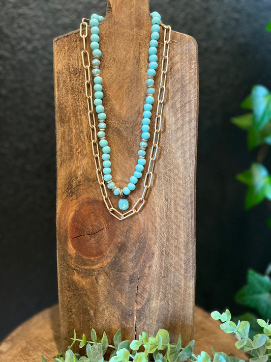 Mint Wood Bead & Chain Necklace