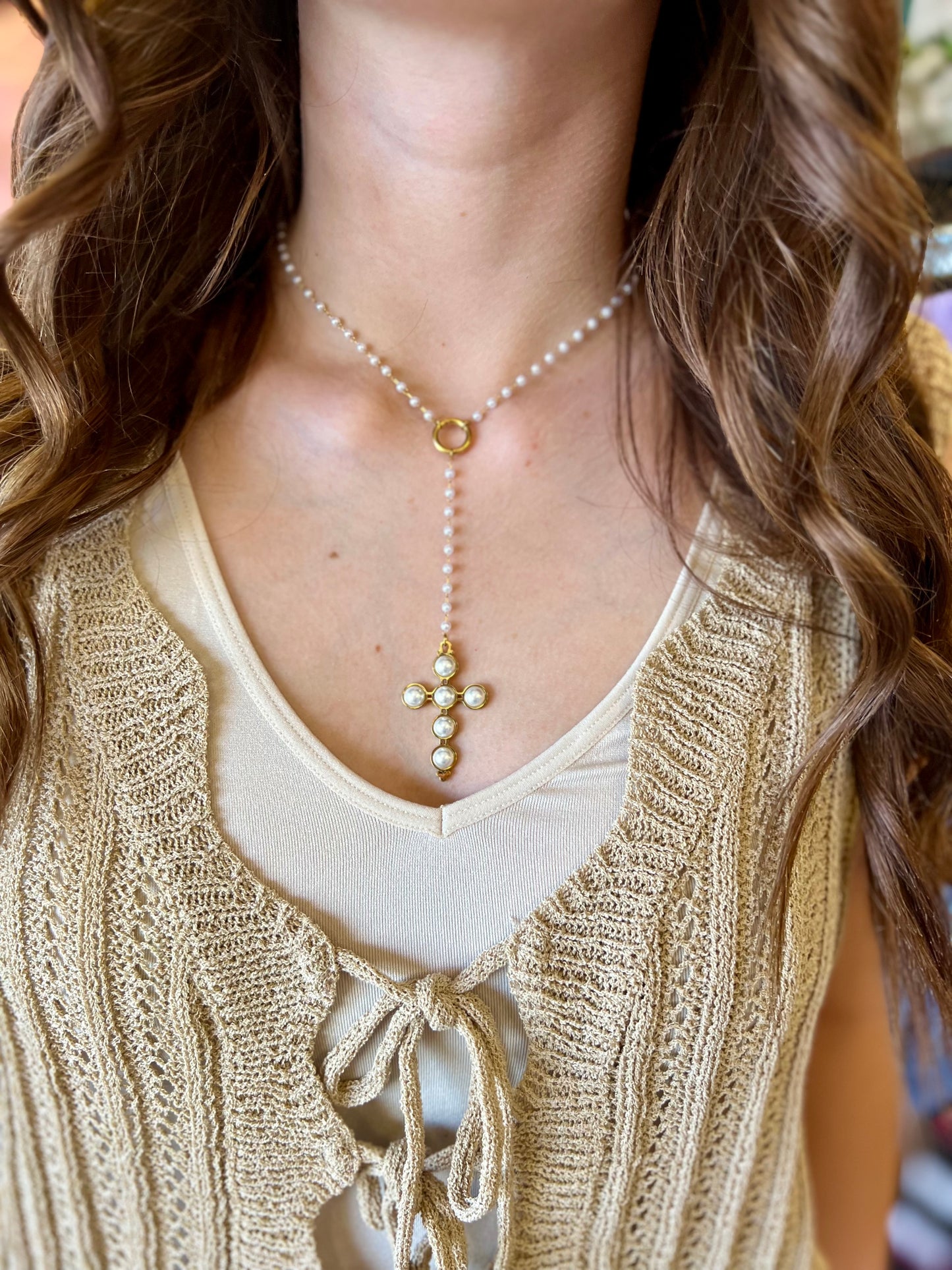 Lariat Pearl Cross Necklace