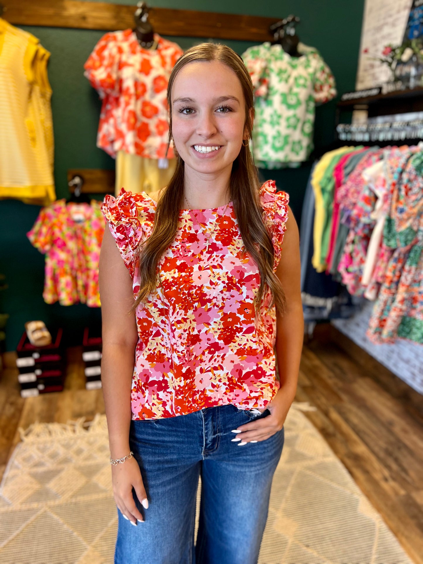 Floral Round Neck Ruffle Top