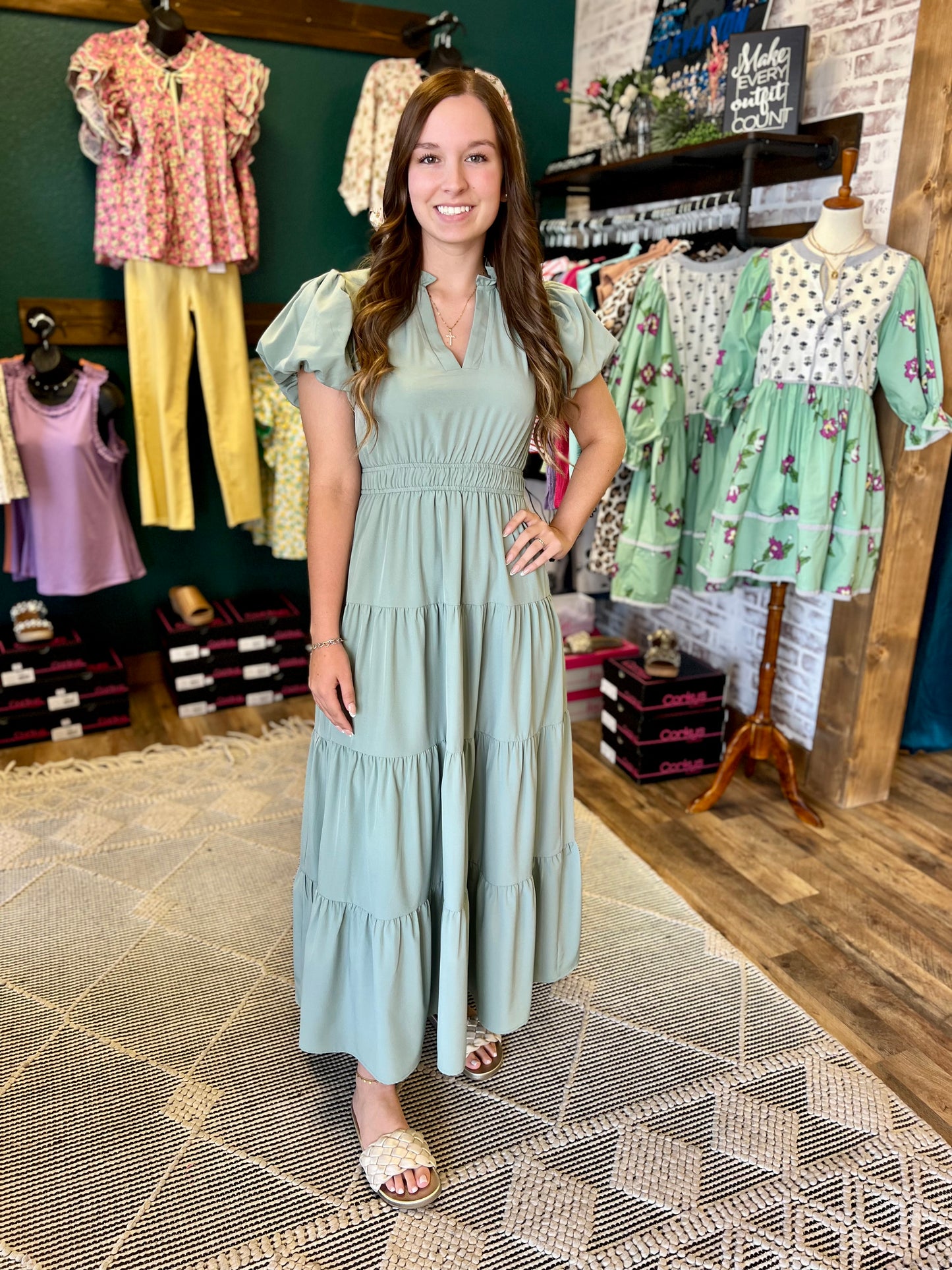 Sage Tiered Bubble Sleeve Maxi