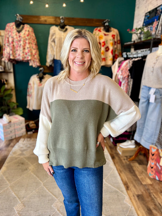 Olive Oversized Color Block Sweater