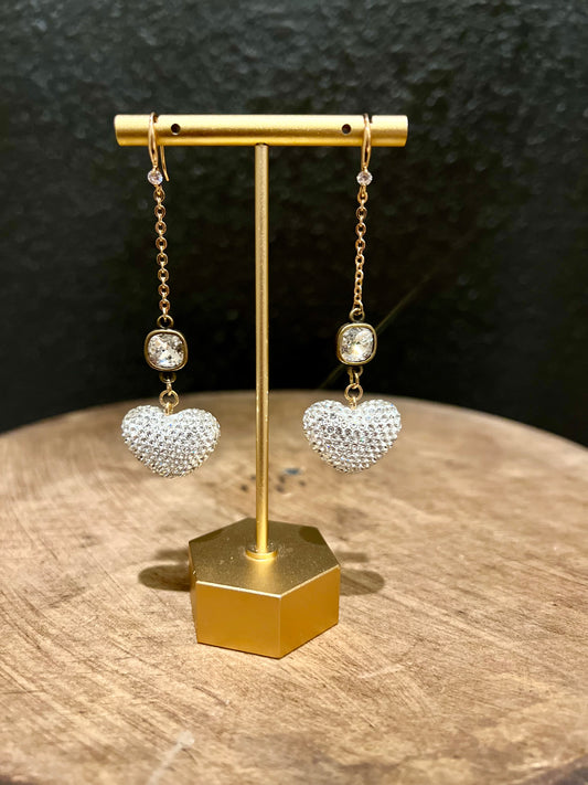 White Rhinestone Beaded Heart Drop Earring