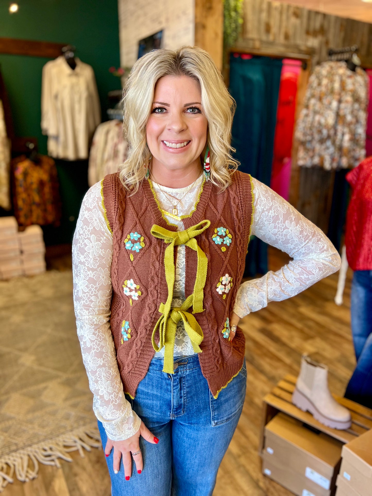 Chocolate Floral Embroidered Tie Vest