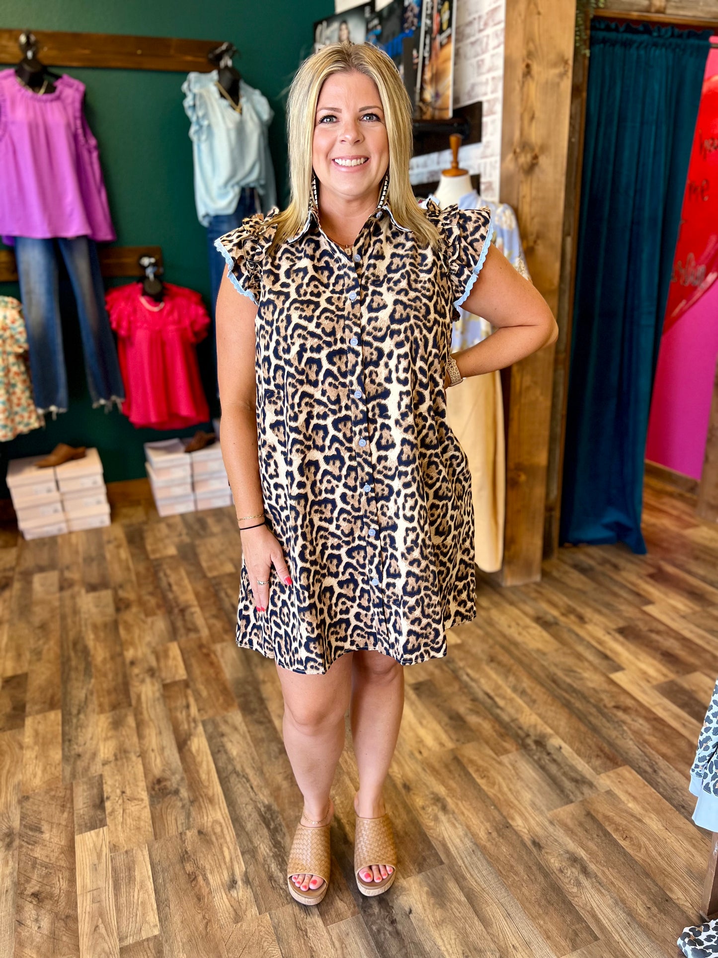 Leopard & Chambray Trim Button Down Dress