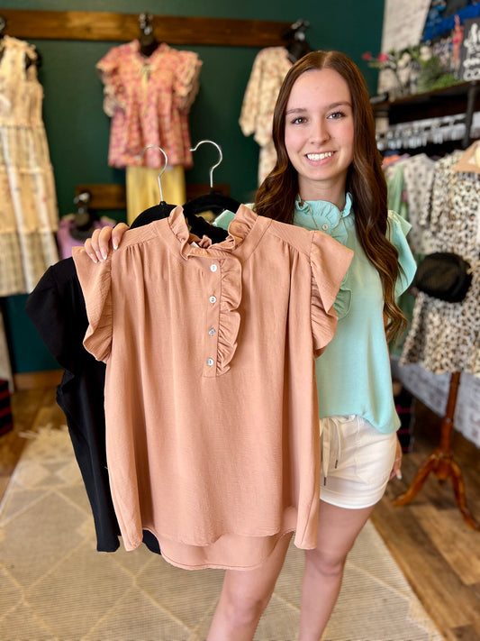 Sleeveless Ruffle Button Up Top