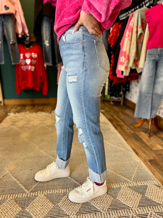 Light Wash Distressed High Rise Mom Jean