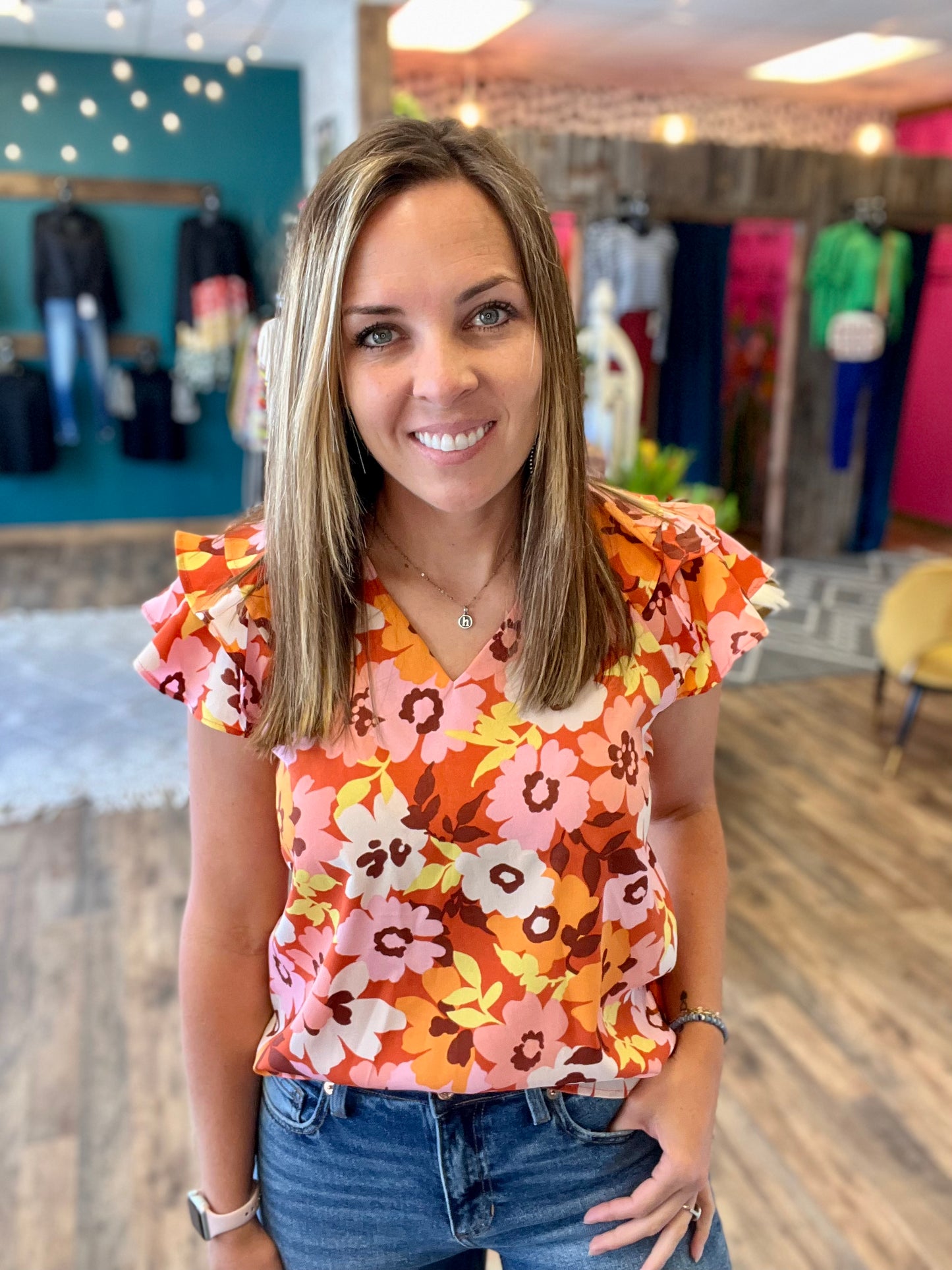Rust Floral Ruffle Top