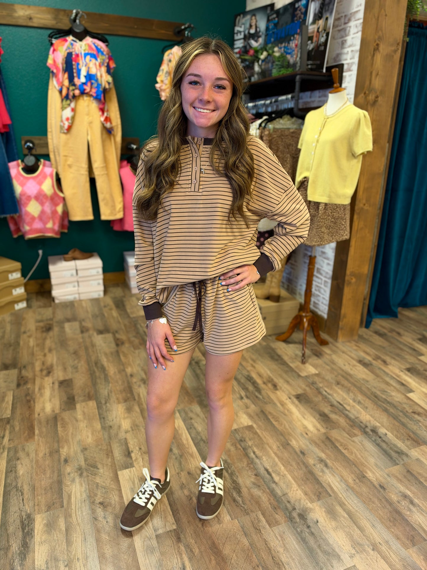 Latte Pin Stripe Pullover & Short Set