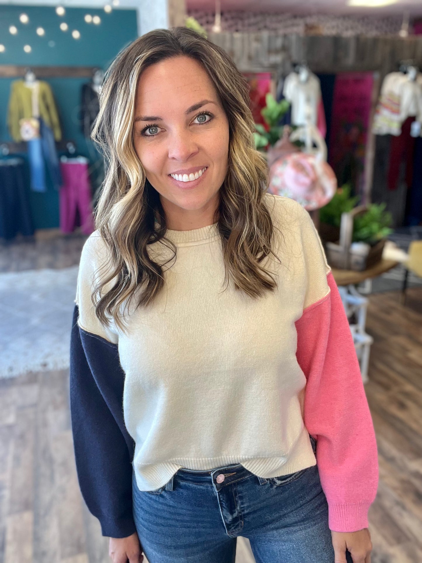 Pink & Navy Block Sleeve Sweater