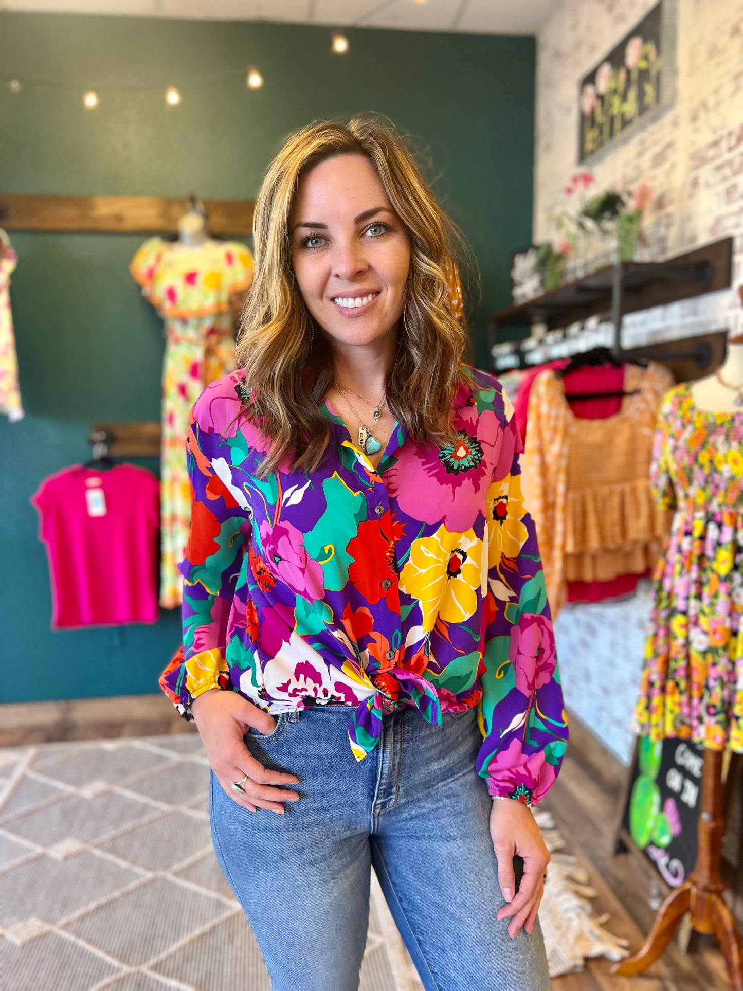 Button Up Bright Floral Top