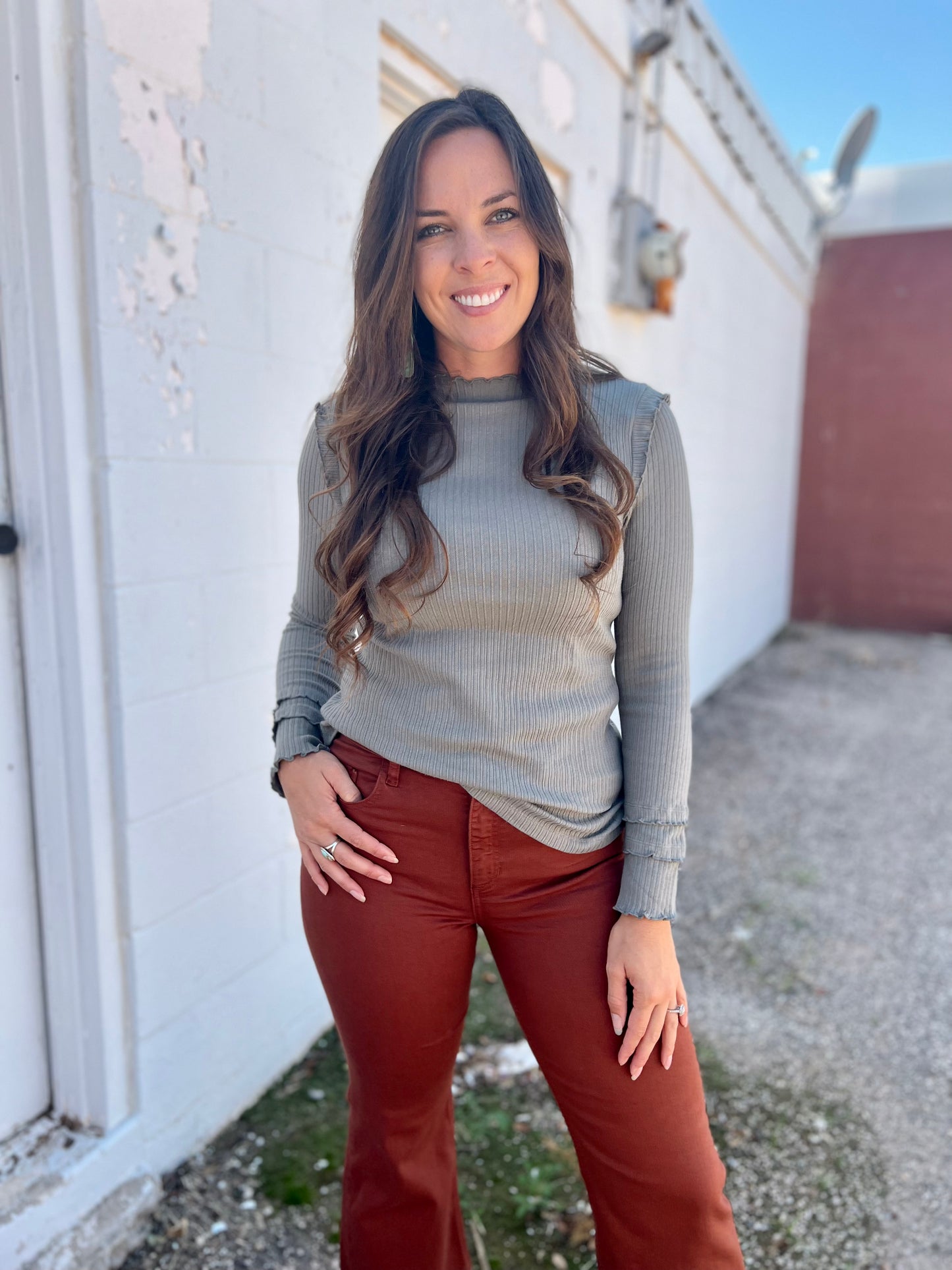 Light Olive Knit Frill Top