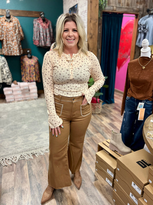 Mocha Blanket Stitch Flare Crop Pant