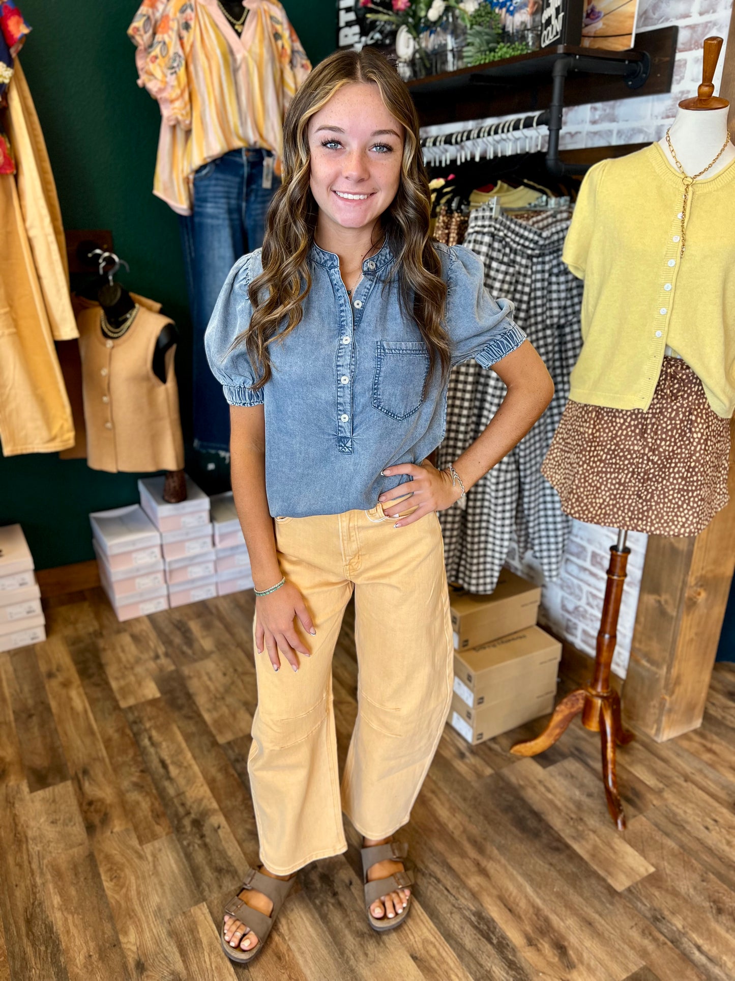 Denim Button Down Round Hem Top