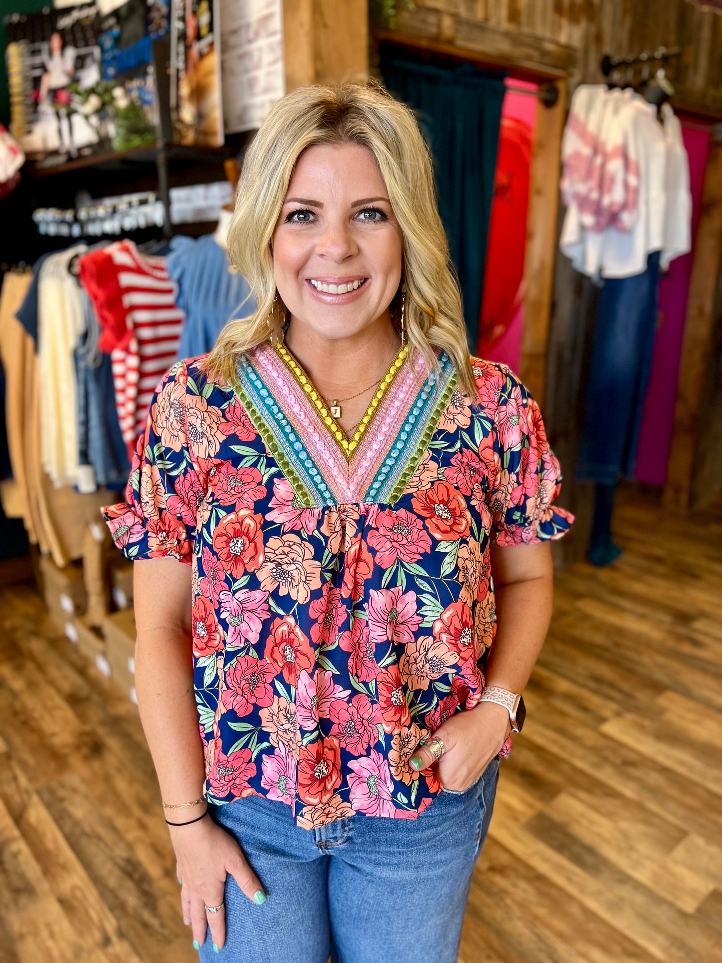 Navy & Coral Floral Embroidered VNeck Top