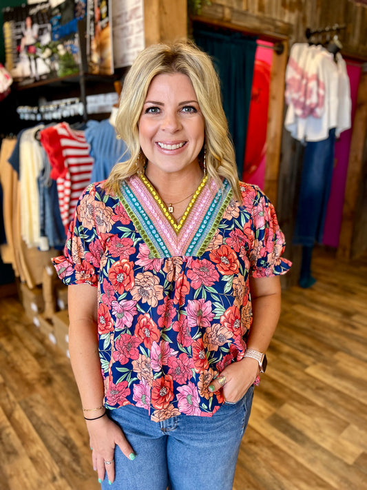 Navy & Coral Floral Embroidered VNeck Top