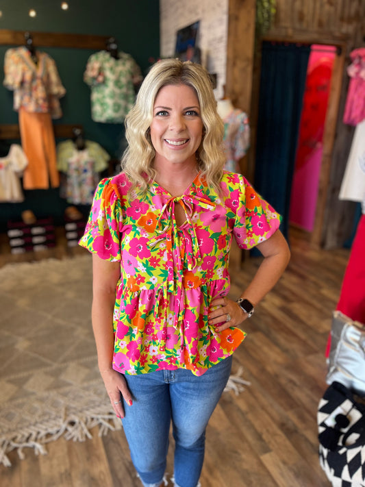 Lime & Fuchsia Floral Babydoll Top