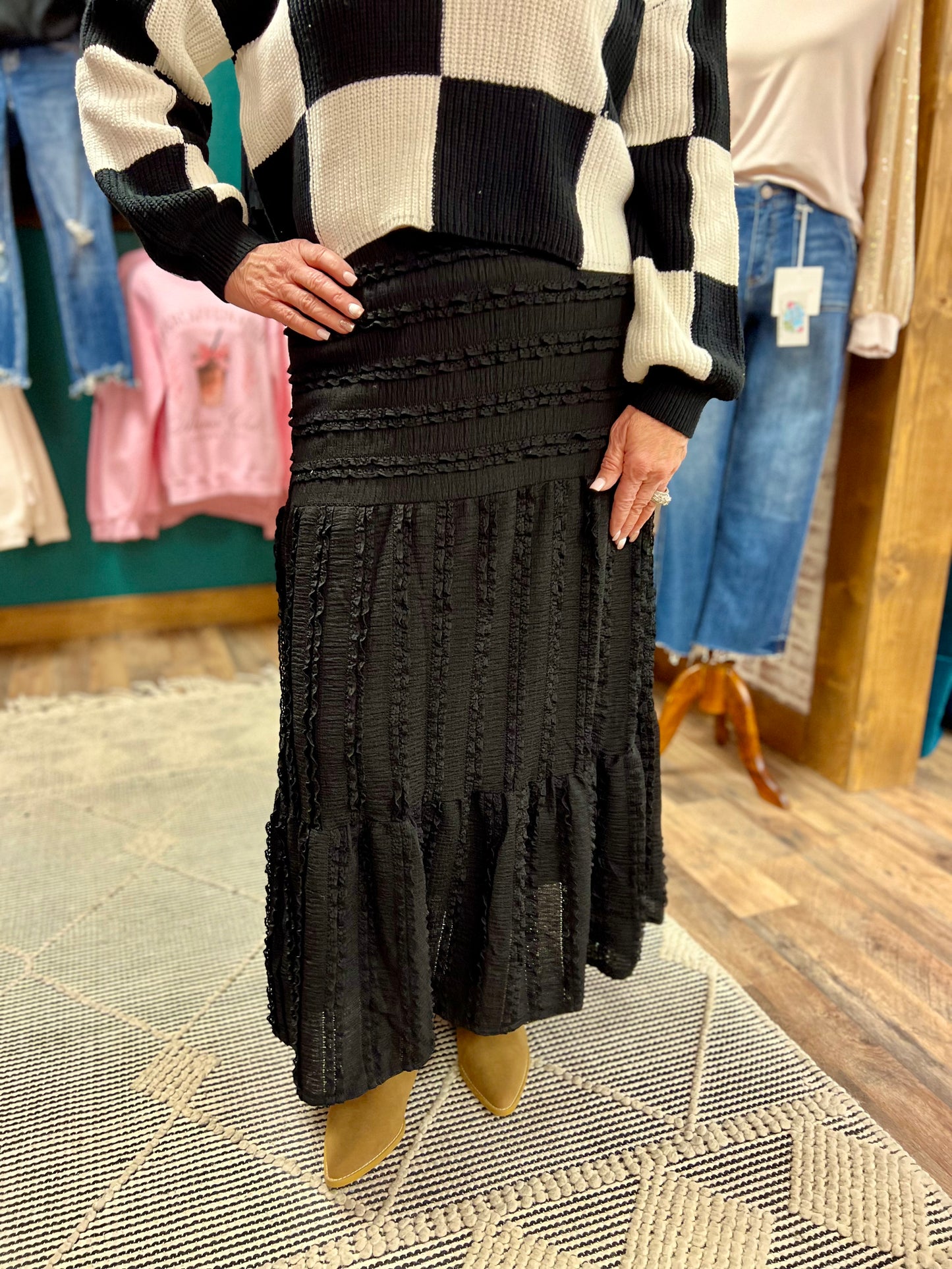 Black Elastic Waist Tiered Midi Skirt