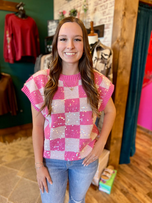 Sequin Checkered Sleeveless Sweater