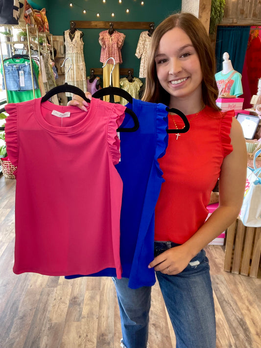 Ruffled Sleeveless Ribbed Knit Top