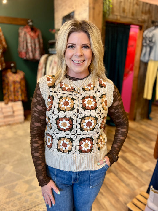Rust & Mustard Floral Crochet Sweater Vest