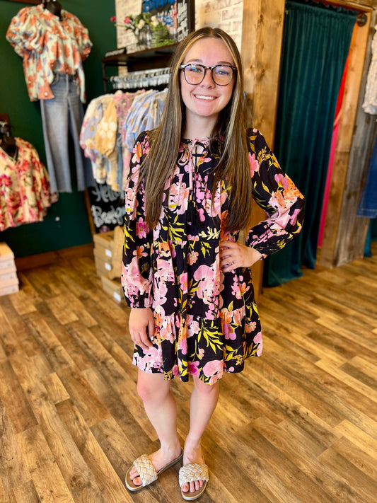 Black Multi Floral Tiered Dress