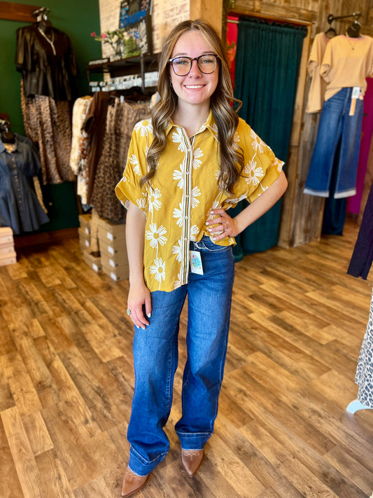 Mustard Embroidered Button Up