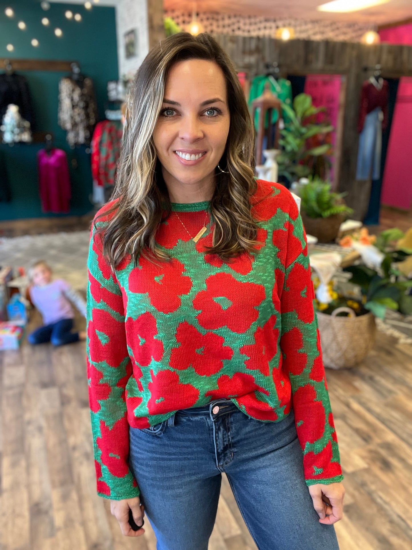 Red & Green Floral Printed Knit Top