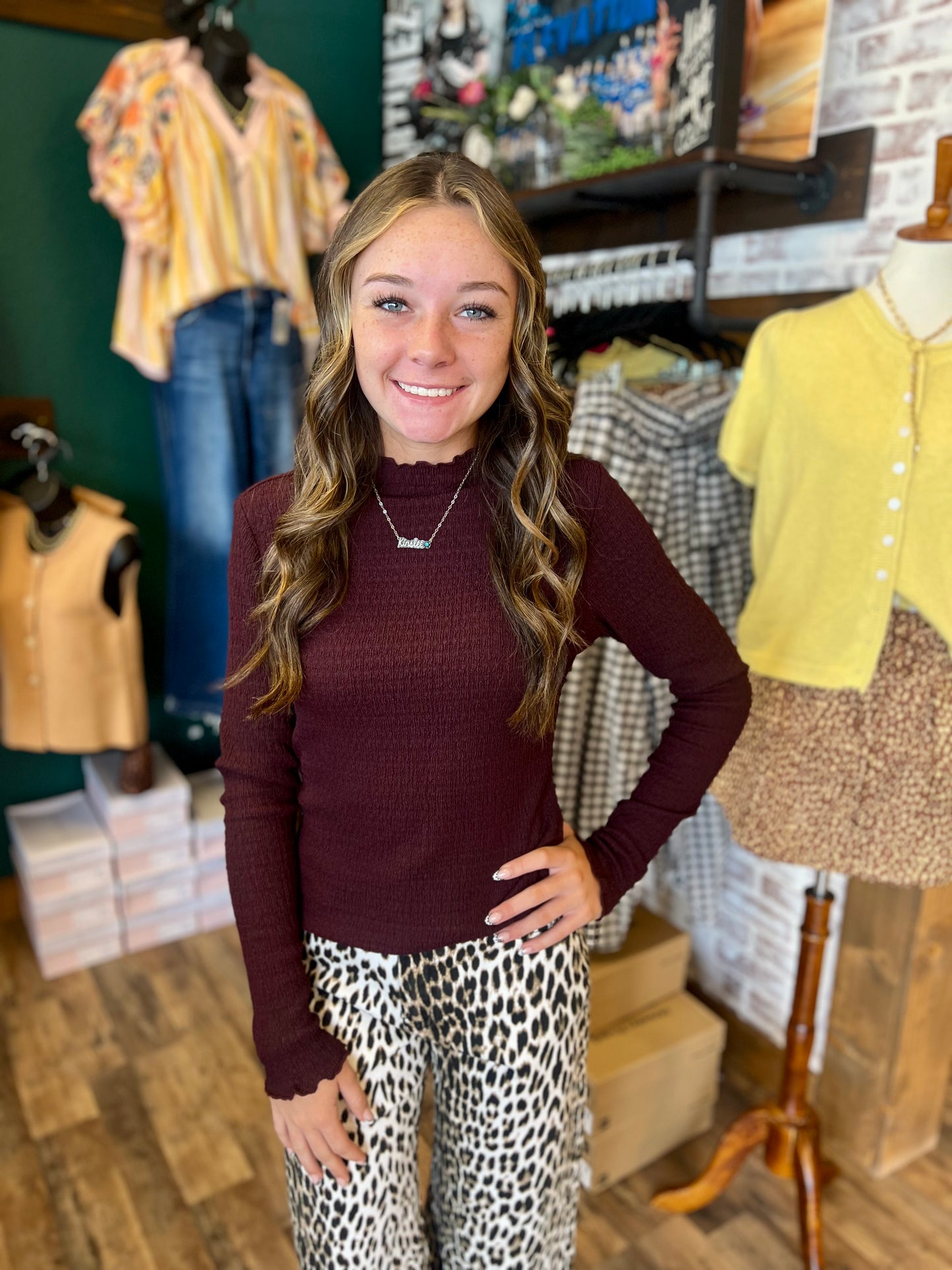 Smocked Crinkle Mock Neck Top