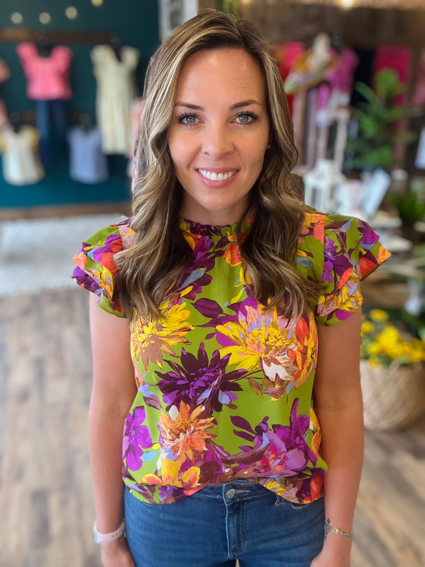 Green Floral Mix Top