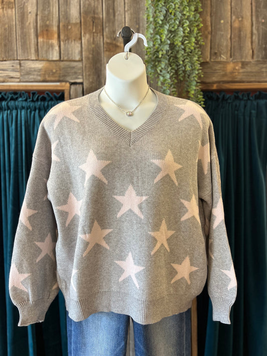 Grey & Baby Pink Star Sweater